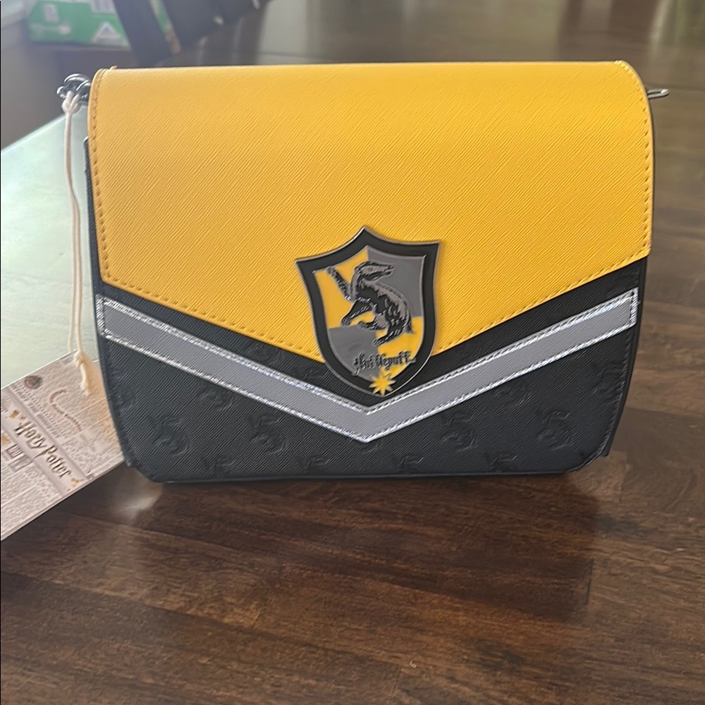 Harry Potter Loungefly Yellow and Gray Shoulder Bag with Hufflepuff Emblem NWT